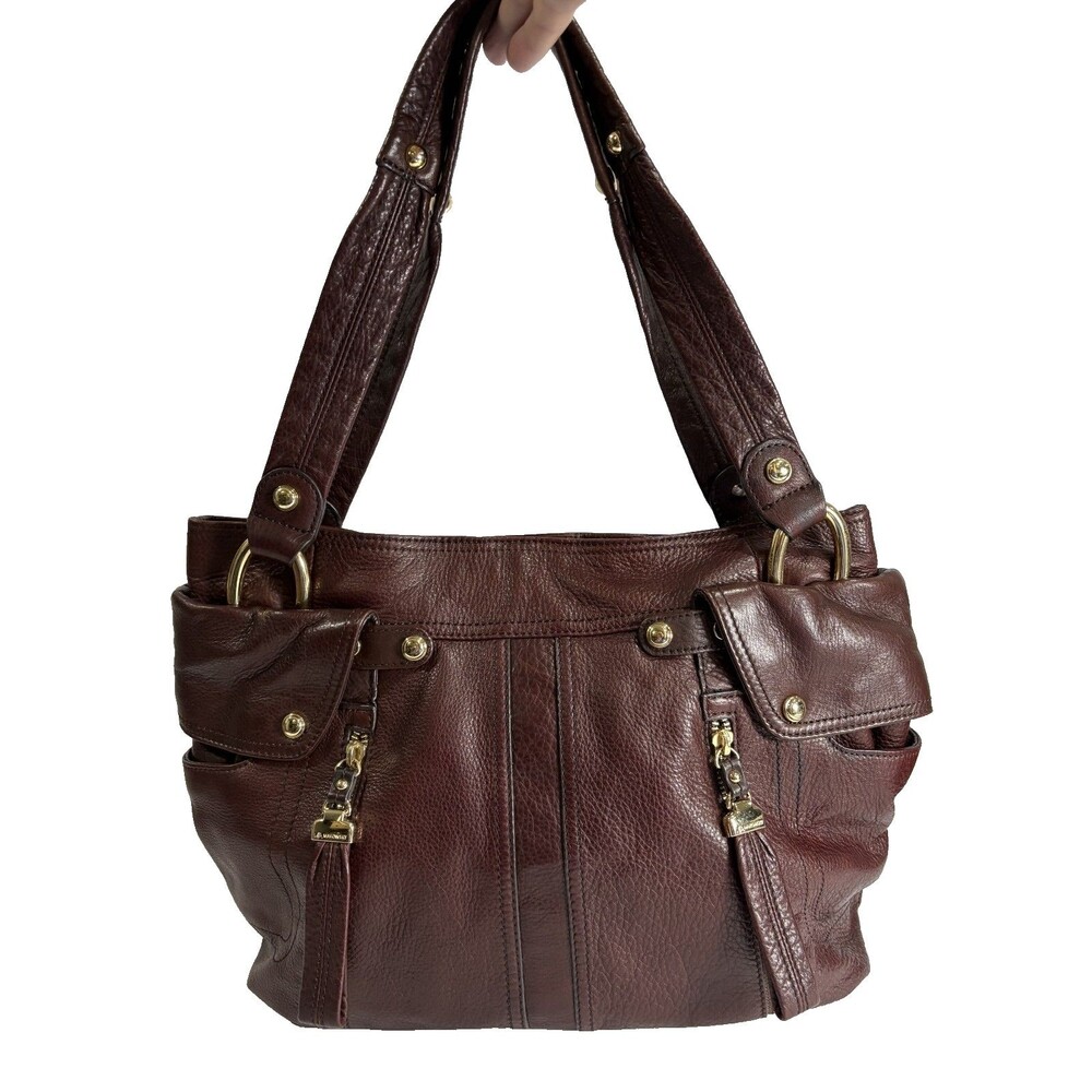 B. Makowsky Women's Pebbled Soft Burgundy Leather Hobo Handbag Magnetic Closure